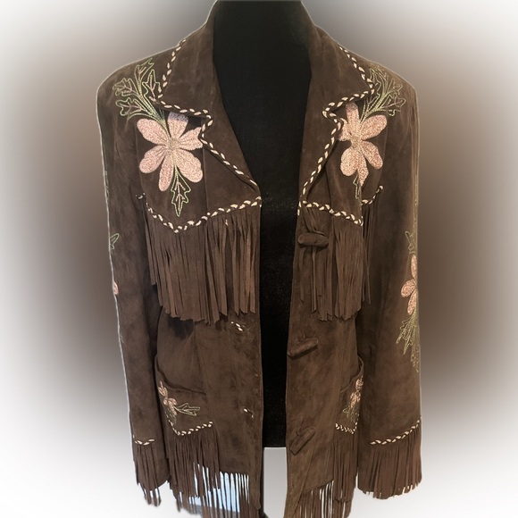 Vintage Alan Michael brown suede jacket with Embroidery + Fringe Brown - Picture 2 of 10
